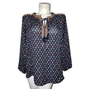 Daniel Rainn Top Women's Size XL Blue Print Peasant Split Neck Tassel Tie Tunic